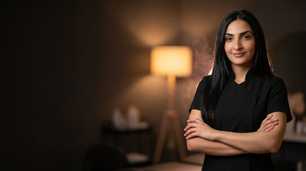 Thana Monteiro, dona do studio, de uniforme preto e braços cruzados
